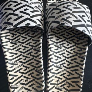 Versace Black & White Geometric Logo Slide Sandals